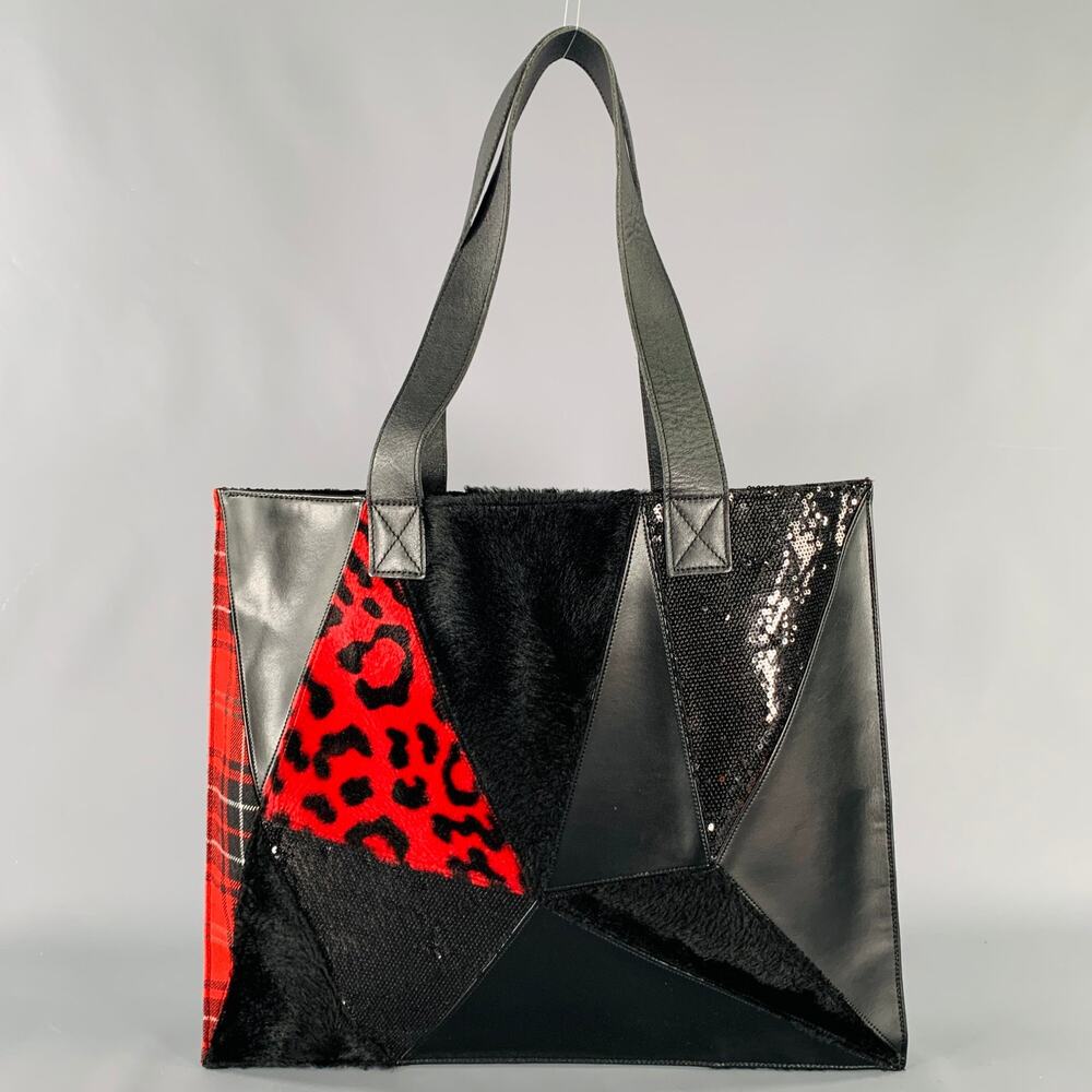 JUNYA WATANABE Black Red Mixed Materials Faux Fur Tote Handbag